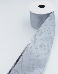 2.5 Inch Wired Christmas Ribbon with Silver Metallic Floral Motif on Silver Satin, 2-1/2 In. X 10 Yds (Lot of 1 Spool) SALE ITEM