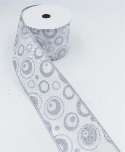 2.5 Inch Wired Christmas Ribbon with a Silver Metallic Circle Design on White Faux Burlap, 10 Yds (Lot of 1 Spool) SALE ITEM