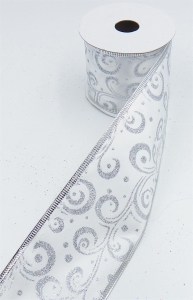 2.5 Inch Wired Christmas Ribbon with Silver Metallic Swirls on White Satin, 2-1/2 In. X 10 Yds (Lot of 1 Spool) SALE ITEM