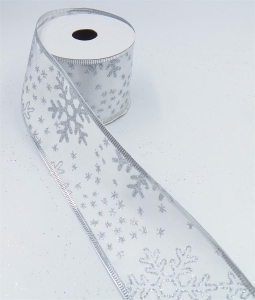 2.5 Inch Wired Christmas Ribbon with Silver Metallic Snowflakes on White Satin, 2-1/2 In. X 10 Yds (Lot of 1 Spool) SALE ITEM