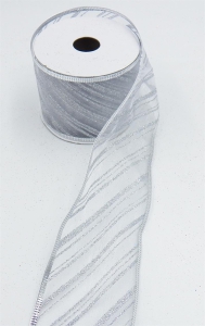 2.5 Inch Wired Christmas Ribbon with Silver Metallic Diagonal Strip on White Organga, 2-1/2 In. X 10 Yds (Lot of 1 Spool) SALE ITEM