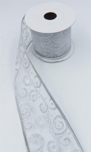 2.5 Inch Wired Christmas Ribbon with Silver Metallic Swirls on White Organga, 2-1/2 In. X 10 Yds (Lot of 1 Spool) SALE ITEM