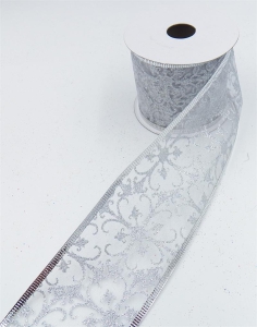 2.5 Inch Wired Christmas Ribbon with Silver Metallic Design on White Organga, 2-1/2 In. X 10 Yds (Lot of 1 Spool) SALE ITEM