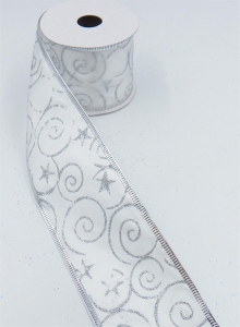 2.5 Inch Wired Christmas Ribbon with Silver Metallic Swirls & Stars on White Satin, 2-1/2 In. X 10 Yds (Lot of 1 Spool) SALE ITEM