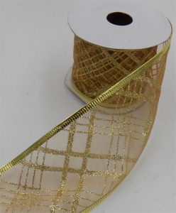 2.5 Inch Wired Christmas Ribbon with Gold Metallic Crisscross Strip on Gold Organga, 2-1/2 In. X 10 Yds (Lot of 1 Spool) SALE ITEM