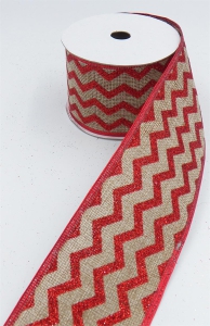 2.5 Inch Wired Christmas Ribbon with Red Metallic Chevron Stripes on Natural Faux Burlap, 2-1/2 In. X 10 Yds (Lot of 1 Spool) SALE ITEM