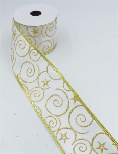 2.5 Inch Wired Christmas Ribbon with Gold Metallic Swirls & Stars on White Satin, 2-1/2 In. X 10 Yds (Lot of 1 Spool) SALE ITEM