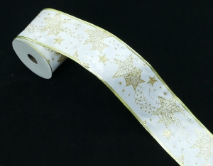 2.5 Inch Wired Christmas Ribbon with Gold Metallic Stars on White Satin, 2-1/2 In. X 10 Yds (Lot of 1 Spool) SALE ITEM