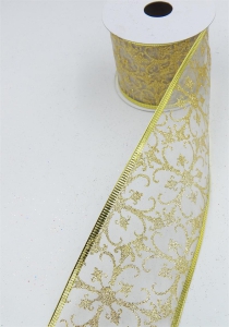 2.5 Inch Wired Christmas Ribbon with Gold Metallic Design on White Organga,10 Yds (Lot of 1 Spool) SALE ITEM