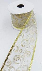 2.5 Inch Wired Christmas Ribbon with Gold Metallic Swirls on White Organga, 2-1/2 In. X 10 Yds (Lot of 1 Spool) SALE ITEM