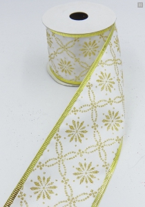 2.5 Inch Wired Christmas Ribbon with Gold Metallic Floral Motif on White Satin, 2-1/2 In. X 10 Yds (Lot of 1 Spool) SALE ITEM