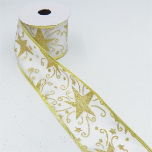 2.5 Inch Wired Christmas Ribbon With Gold Metallic Sparkle Stars on White Satin, 2-1/2 In. X 10 Yds (Lot of 1 Spool) SALE ITEM