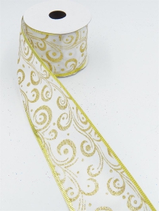 2.5 Inch Wired Christmas Ribbon with Gold Metallic Swirls on White Satin, 2-1/2 In. X 10 Yds (Lot of 1 Spool) SALE ITEM