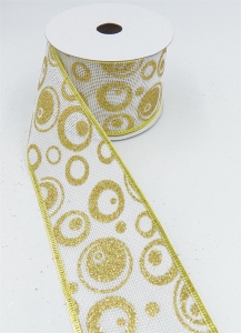 2.5 Inch Wired Christmas Ribbon with a Gold Metallic Circle Design on White Faux Burlap, 10 Yds (Lot of 1 Spool) SALE ITEM