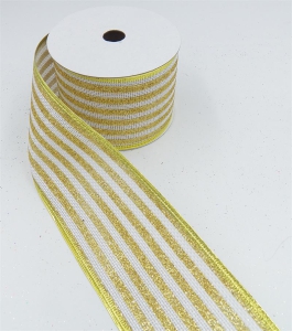 2.5 Inch Wired Christmas Ribbon with Gold Metallic Stripes on White Faux Burlap, 2-1/2 In. X 10 Yds (Lot of 1 Spool) SALE ITEM