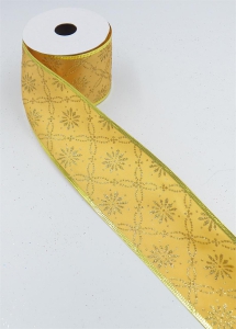 2.5 Inch Wired Christmas Ribbon with Gold Metallic Floral Motif on Gold Satin, 2-1/2 In. X 10 Yds (Lot of 1 Spool) SALE ITEM