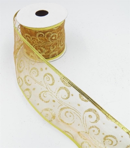 2.5 Inch Wired Christmas Ribbon with Gold Metallic Swirls on Old Gold Organga, 2-1/2 In. X 10 Yds (Lot of 1 Spool) SALE ITEM