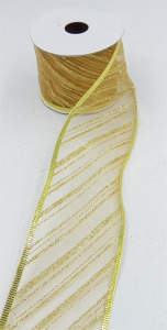 2.5 Inch Wired Christmas Ribbon with Gold Metallic Diagonal Strip on Gold Organga, 2-1/2 In. X 10 Yds (Lot of 1 Spool) SALE ITEM