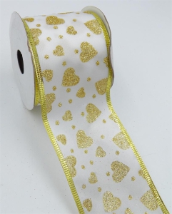 2.5 Inch Wired Valentine's Day Ribbon, Gold Metallic Hearts on White Satin 2 ½ x 25 yds., (Lot of 1 Spool) SALE ITEM