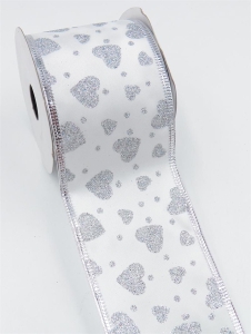 2.5 Inch Wired Valentine's Day Ribbon, Silver Metallic Hearts on White Satin 2 ½ x 25 yds., (Lot of 1 Spool) SALE ITEM