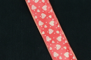 2.5 Inch Wired Valentine's Day Ribbon, Silver Metallic Hearts on Red Satin 2 ½ x 25 yds., (Lot of 1 Spool) SALE ITEM