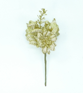 Gold Glittered Wreath Pick with Leaves, Poinsettia, Fruite and Berries (lot of 1 Bag - 12 Picks Per Bag) SALE ITEM