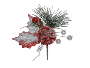 Gold & Red Glittered Wreath Pick With 2 Leaves, A pine Cone, Berries And A Pine Sprig (lot of 1 Bag - 12 Picks Per Bag) SALE ITEM