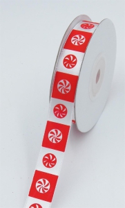 .625 Inch White/Red Christmas Peppermint Candy Satin Ribbon 5/8" x 20 yds., (1 spool) SALE ITEM