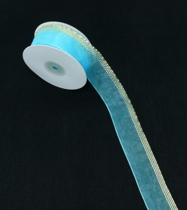 1.5 Inch Turquoise Blue/Gold Pull Bow Ribbon With 4 Rows of Gold Stripe Accents, 1.5 Inch x 25 Yards (Lot of 1 Spool) SALE ITEM