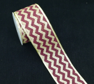 2.5 Inch Wired Christmas Ribbon with Gold Metallic Chevron Stripes on Burgundy Faux Burlap, 2-1/2 In. X 10 Yds (Lot of 1 Spool) SALE ITEM
