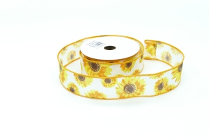 1.5 Inch Spring and Summer White Wired Ribbon With Sunflowers, 10 Yard Spool (Lot of 1 Spool) SALE ITEM