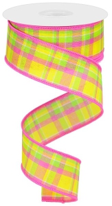 1.5 Inch Plaid Spring / Easter Wired Ribbon, Pink, Yellow, Orange And Green (Lot of 1 Spool) SALE ITEM