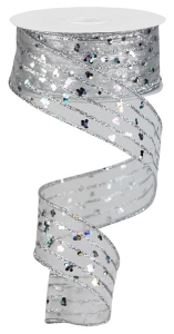 1.5 Inch Silver Organza Wired Christmas Ribbon With Silver Stripes, Spangles and Edges. 10 Yards Per Spool (Lot of 1 Spool) SALE ITEM