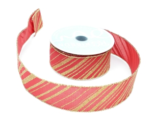 1.5 Inch Red Wired Christmas Ribbon With Gold Diagonal Stripes and Edges. 10 Yards Per Spool (Lot of 1 Spool) SALE ITEM