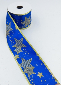 2.5 Inch Wired Christmas Ribbon with Gold Metallic Stars on Royal Blue Satin, 2-1/2 In. X 10 Yds (Lot of 1 Spool) SALE ITEM