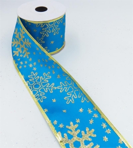 2.5 Inch Wired Christmas Ribbon with Gold Metallic Snowflakes on Turquoise Satin, 2-1/2 In. X 10 Yds (Lot of 1 Spool) SALE ITEM