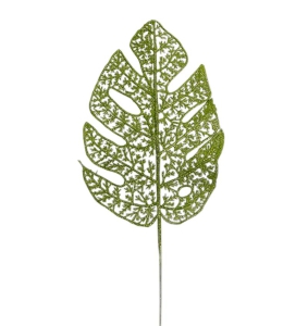 Apple Green Glittered Leaf Spray, 13.5 Inches (Lot of 1 Bag, 12 Leaves Per Bag) SALE ITEM