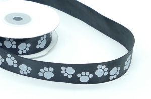 Printed " Paw Prints " Black Satin Ribbon with White Paws, 7/8 Inch x 25 Yards (1 Spool) SALE ITEM