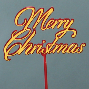 "Merry Christmas" Pick, Sign, Cake, Topper. Decoration. Red Pick With Gold Cursive Text (Lot of 1 Bag - 12 Picks Per Bag) SALE ITEM