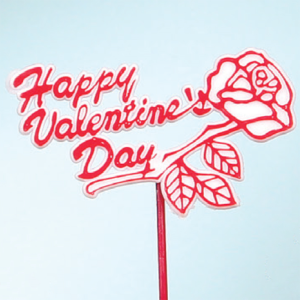 "Happy Valentine's Day" With Rose Decoration, Pick, Sign, Cake Topper. Red Pick With White and Red Text (Lot of 1 Bag - 12 Picks Per Bag) SALE ITEM 