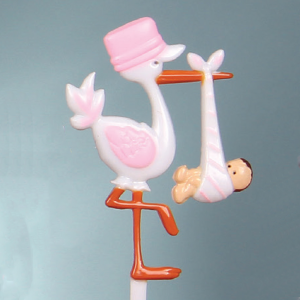 Stork With Baby Pick Sign, Cake Topper, White With Pink (Lot of 1 Bag - 12 Picks Per Bag) SALE ITEM