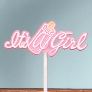 "It's A Girl" With Milk Bottle Pick Sign, Cake Topper. White on Pink (Lot of 1 Bag - 12 Picks Per Bag) SALE ITEM