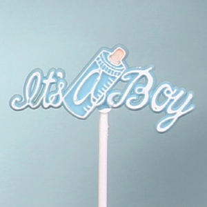 "It's A Boy" With Milk Bottle Pick, Sign, Cake Topper, White on Blue (Lot of 1 Bag - 12 Picks Per Bag) SALE ITEM