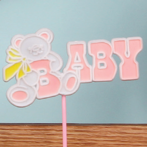 "Baby Shower" With Teddy Bear Pick, Sign, Cake Topper - Metallic Gold And Pink Letters (Lot of 1 Bag - 12 Picks Per Bag) SALE ITEM