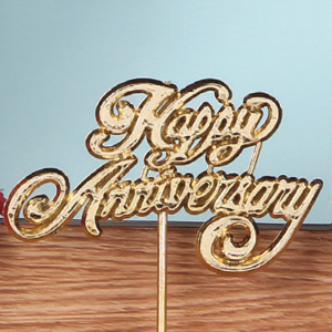 "Happy Anniversary" Decoration, Sign, Pick, Cake Topper - Solid Metallic Gold Cursive Text (Lot of 12) SALE ITEM