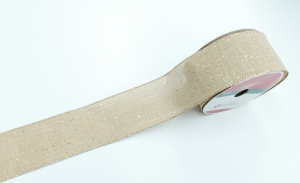 2.5 Inch Natural Linen Wired Christmas Ribbon With Gold Glitter and Edges. 10 Yards Per Spool (Lot of 1 Spool) SALE ITEM