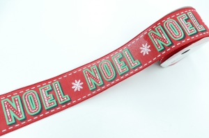 2.5 Inch Red Wired Christmas Ribbon With Red Green and White "Noel", 25 Feet Per Spool (Lot of 1 Spool) SALE ITEM
