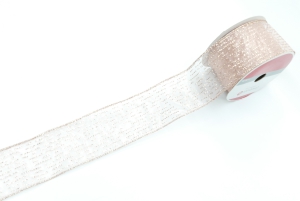 2.5 Inch Pink Organza Wired Ribbon With Metallic Champagne Stripes And Edges, Great For Easter and Christmas, 25 Feet Per Spool (Lot of 1 Spool) SALE ITEM