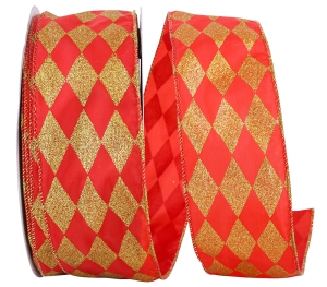 2.5 Inch Red And Gold Wired Christmas Ribbon With Diamond Check Pattern And Gold Edges, 50 Yard Spool (1 Spool) SALE ITEM