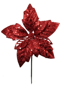 5 Inch Red Glittered Poinsettia Pick (lot of 12) SALE ITEM